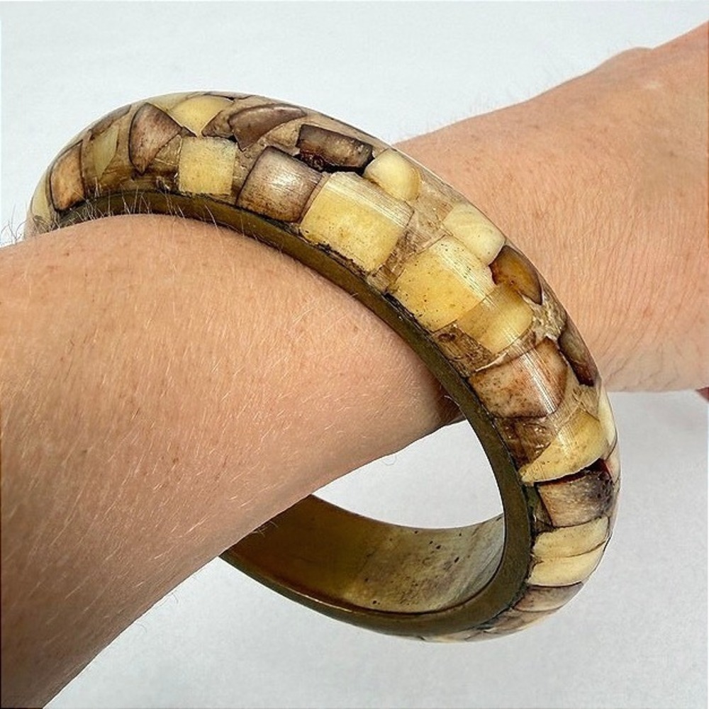 Bangle Bracelet Mosaic Marbled Bone Inlay Brass Boho Jewelry Chunky Retro OS